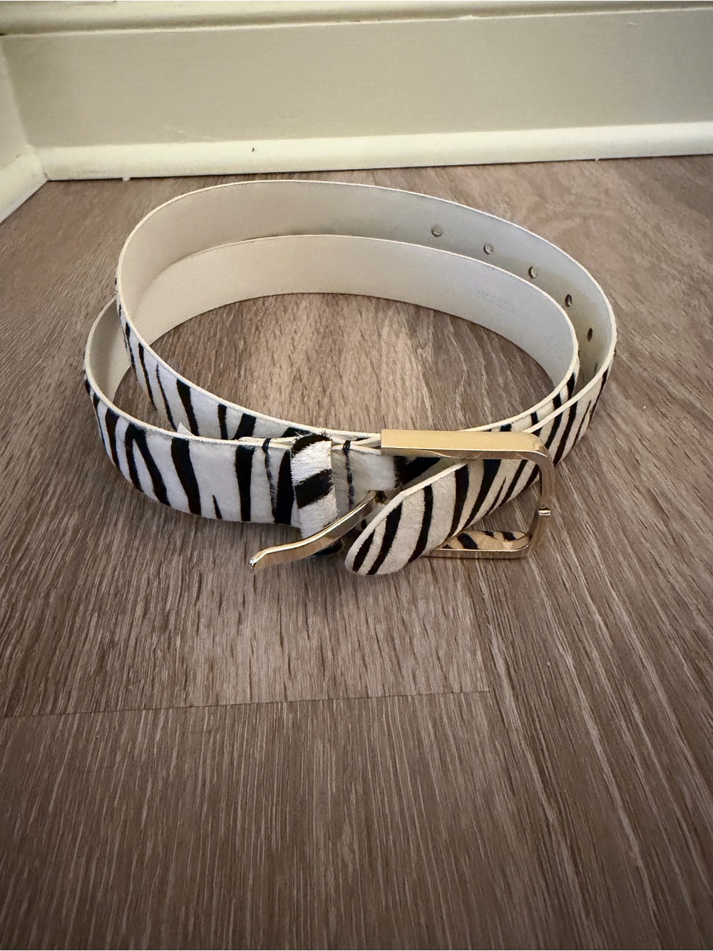 Zebra Print Leather Belt with Gold Buckle